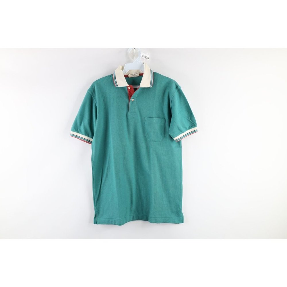 Vintage 70s Lord Jeff Mens Medium Faded Striped Pocket Polo Shirt Teal Japan